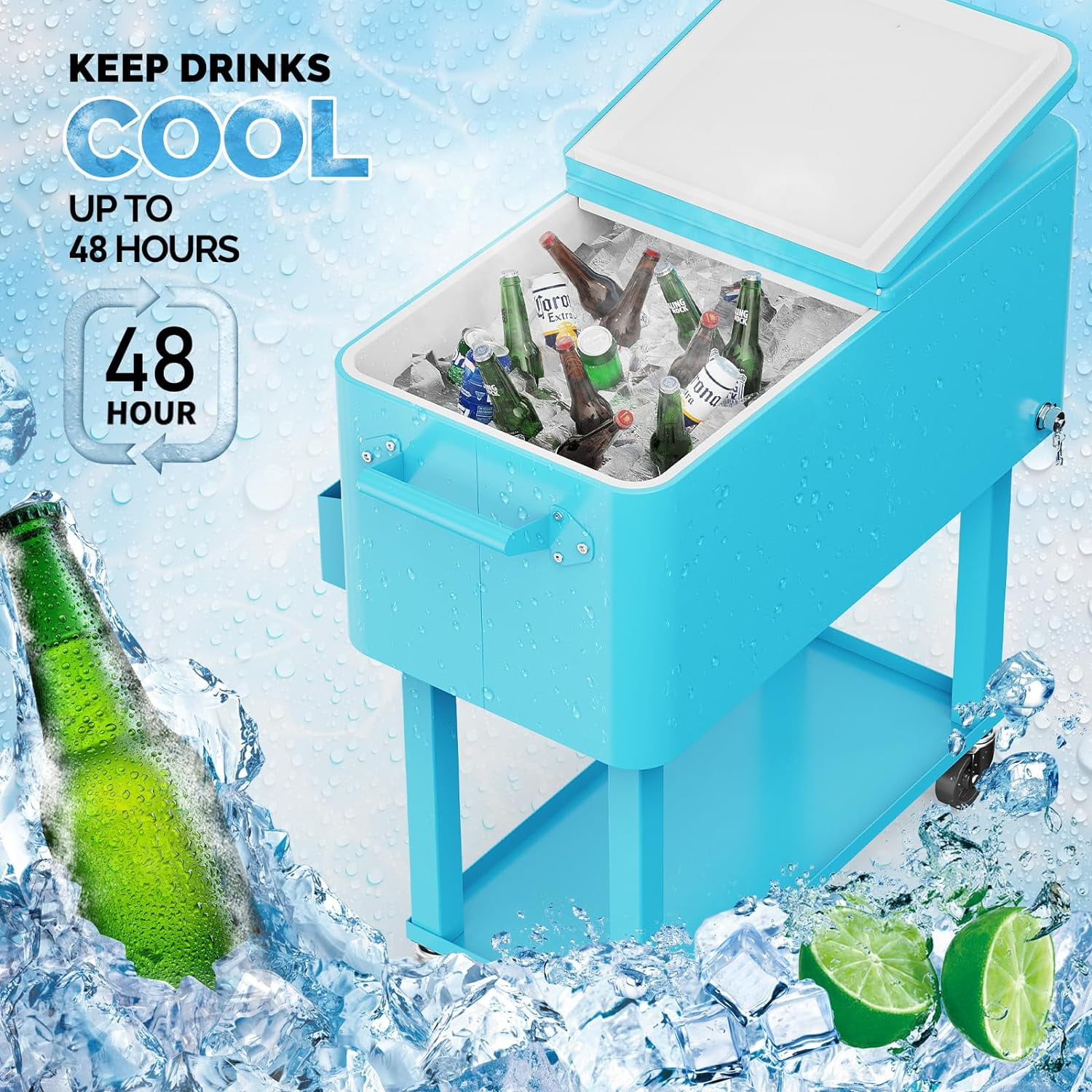 VINGLI 80 Quart Rolling Cart on Wheels, Portable Bar Drink Cooler, Beverage for Patio Pool Party, Ice Chest with Shelf,Bottle Opener,Water Pipe