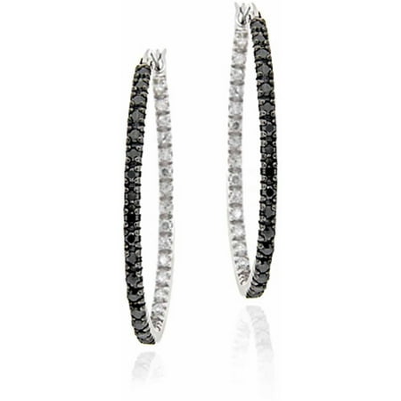 Black Diamond Accent Sterling Silver 33mm Oval Hoop Earrings
