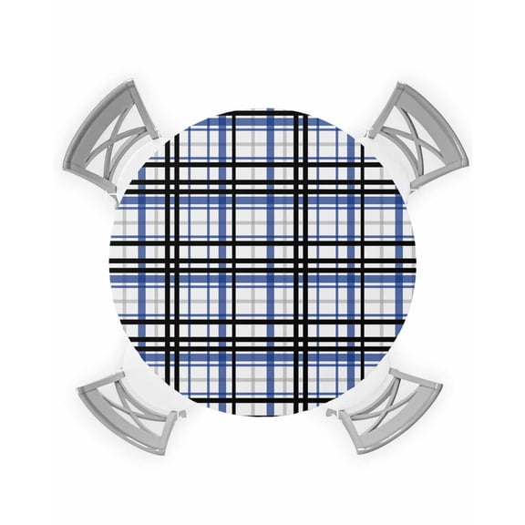 nqOlkjepod Blue Black Plaid Round Tablecloth, Fitted Table Cover with Elastic for 36"-44" Round Tables, Farmhouse Blue Black Checkered Table Cloth Outdoor Indoor Dinning Party Waterproof Tablecloths
