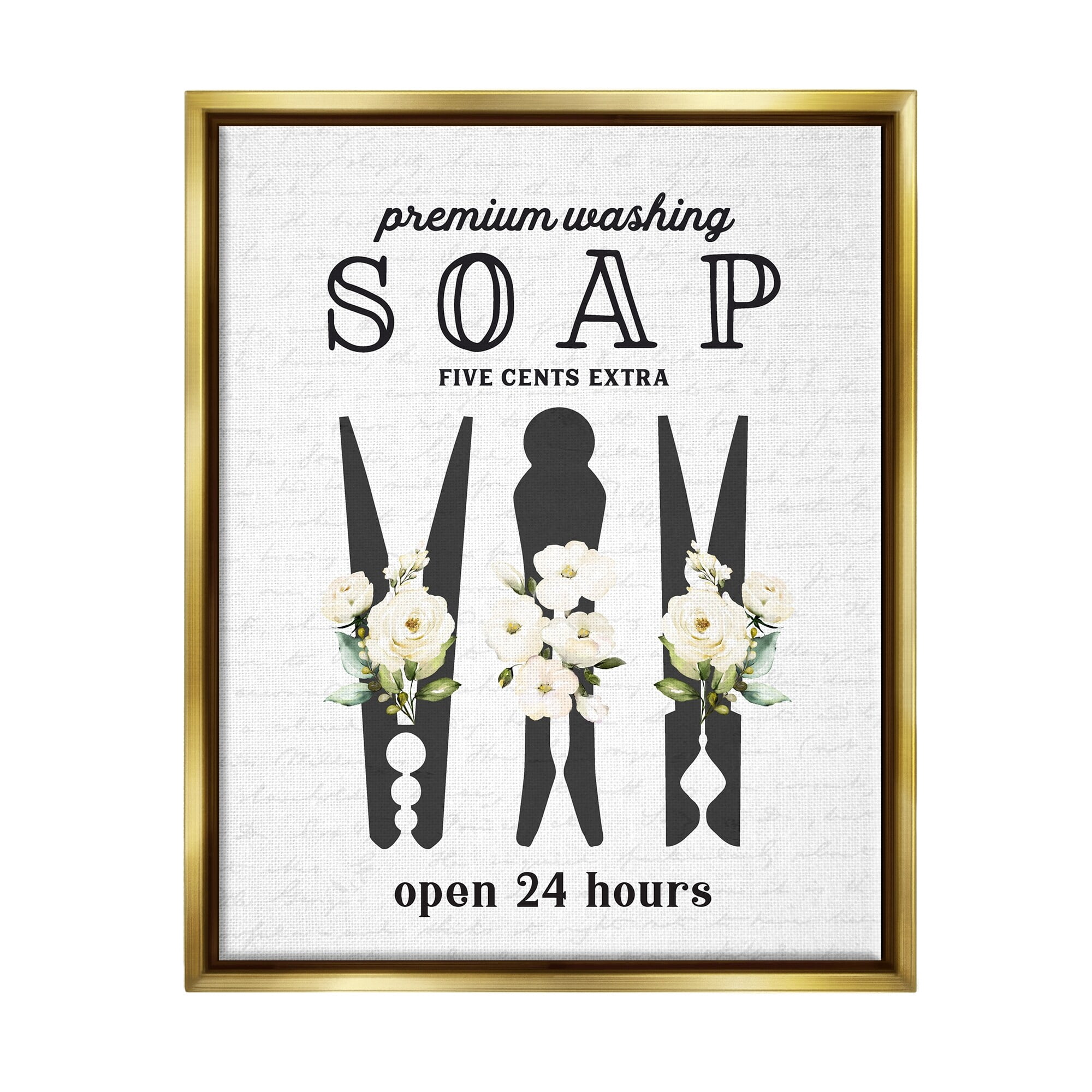 Stupell Industries Floral Clothespin Silhouettes Laundry Room Script Sign Graphic Art Metallic Gold Floating Framed Canvas Print Wall Art, Design by Lettered and Lined