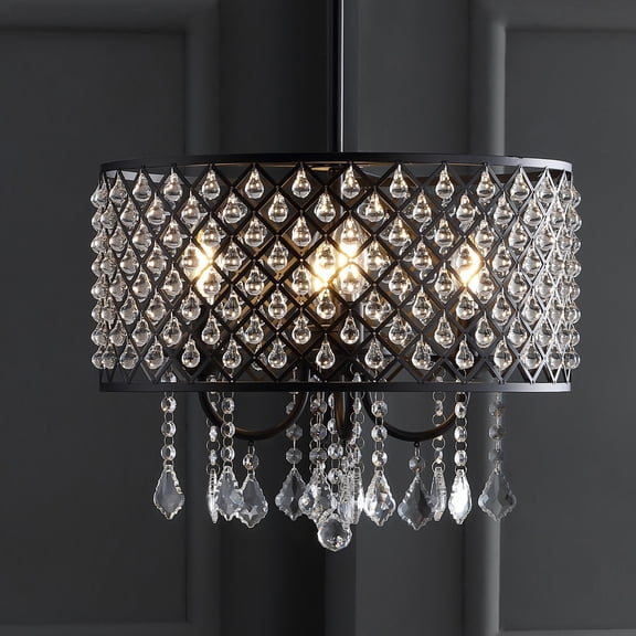 JONATHAN Y Gigi 17" Metal/Crystal Adjustable LED Drop Chandelier, Black/Clear, JYL7464A