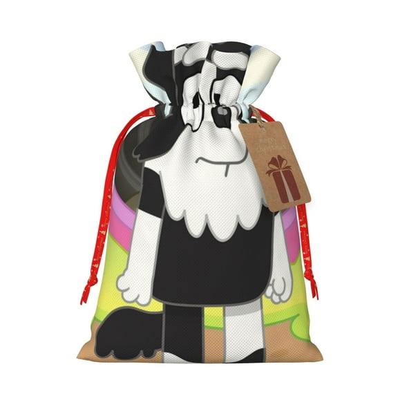 Masiiu Bluey Print Christmas Gift Bag, Burlap Drawstring Pouch with Kraft Paper Card for Holiday, Party, and Birthday Wrapping-Small