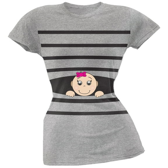 Striped Peeking Baby Girl Grey Soft Juniors T-Shirt - Small