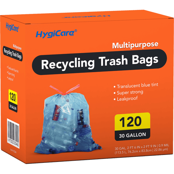 HygiCare Recycling Trash Bags, 30 Gallon, 120 Count, Unscented, Super Strong, Leakproof, Translucent Blue