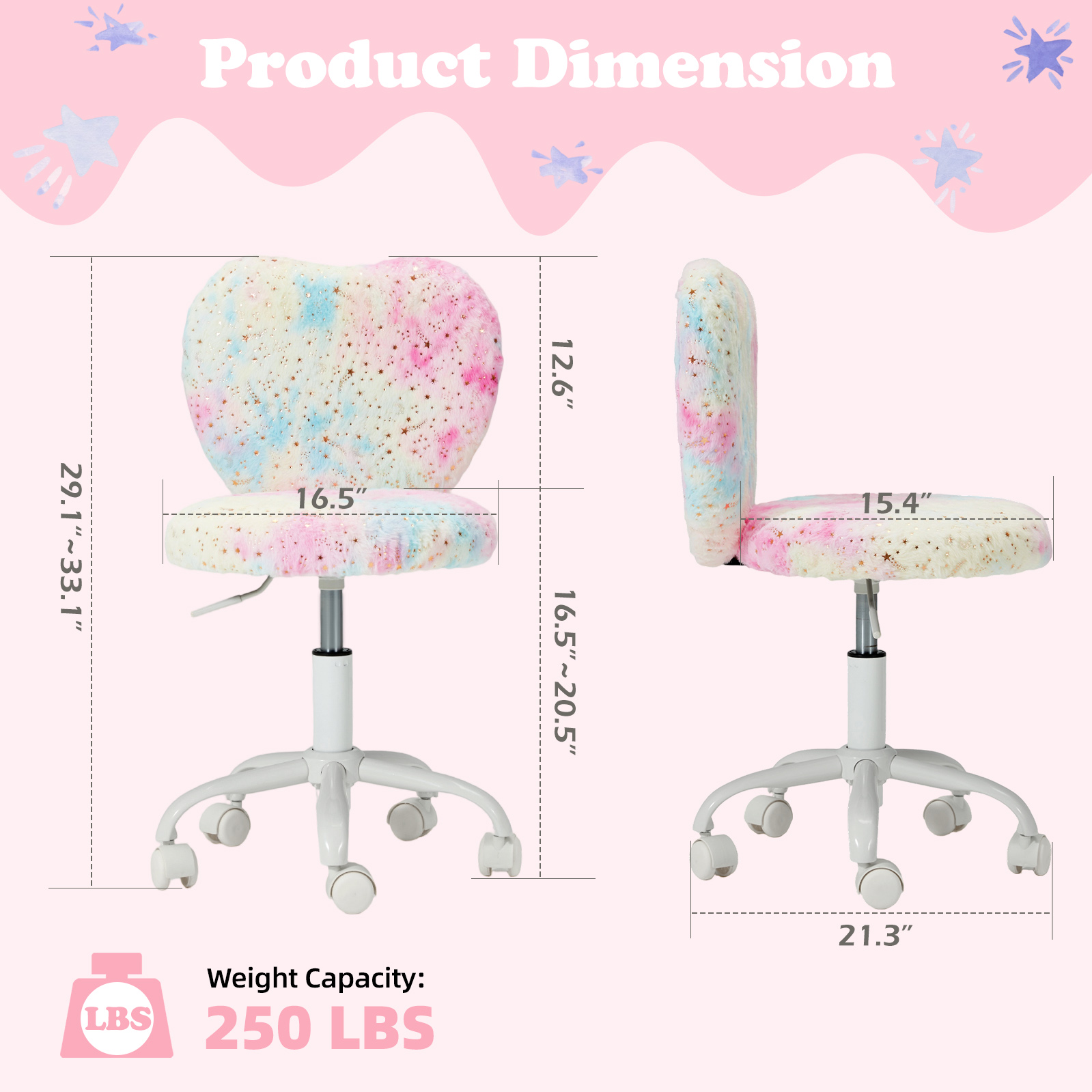 Vicluke Kids Desk Chair with Wheels Adorable Fluffy Girls Desk Chair with Heart-Shaped Backrest Design Adjustable Seat Height for Bedrooms & Study Rooms, Colorful