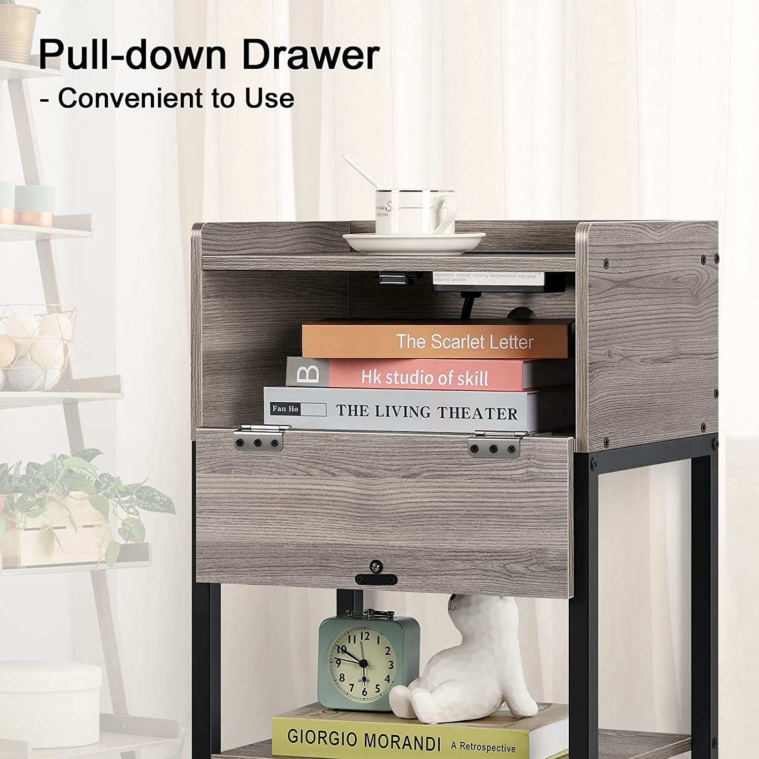 Wood Side Table with Charging Station Nightstand End Table with Storage Drawer, Gray