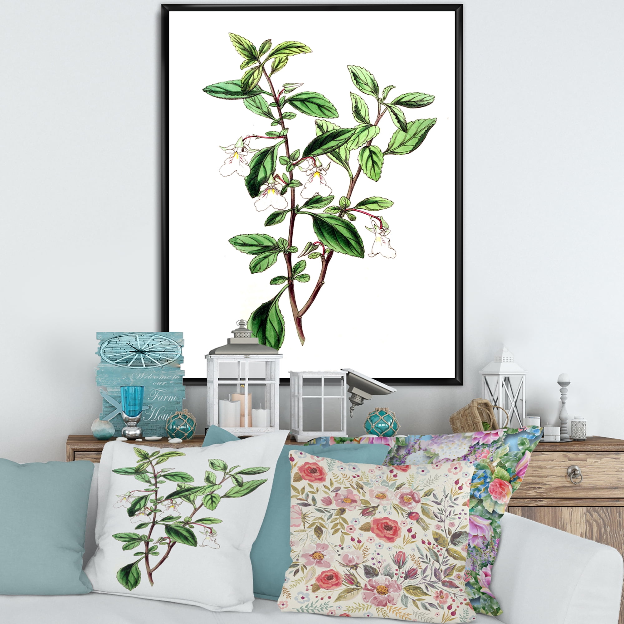 Designart 'Ancient Green Leaves Plants VII' Traditional Framed Canvas Wall Art Print