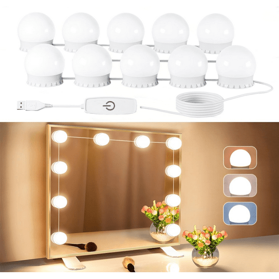 HTSQYL Hollywood Style Led Vanity Mirror Lights Kit - Vanity Lights Have 10 Dimmable Light Bulbs and Adjustable Color for Makeup Dressing Table, USB Cable, White (No Mirror Included)