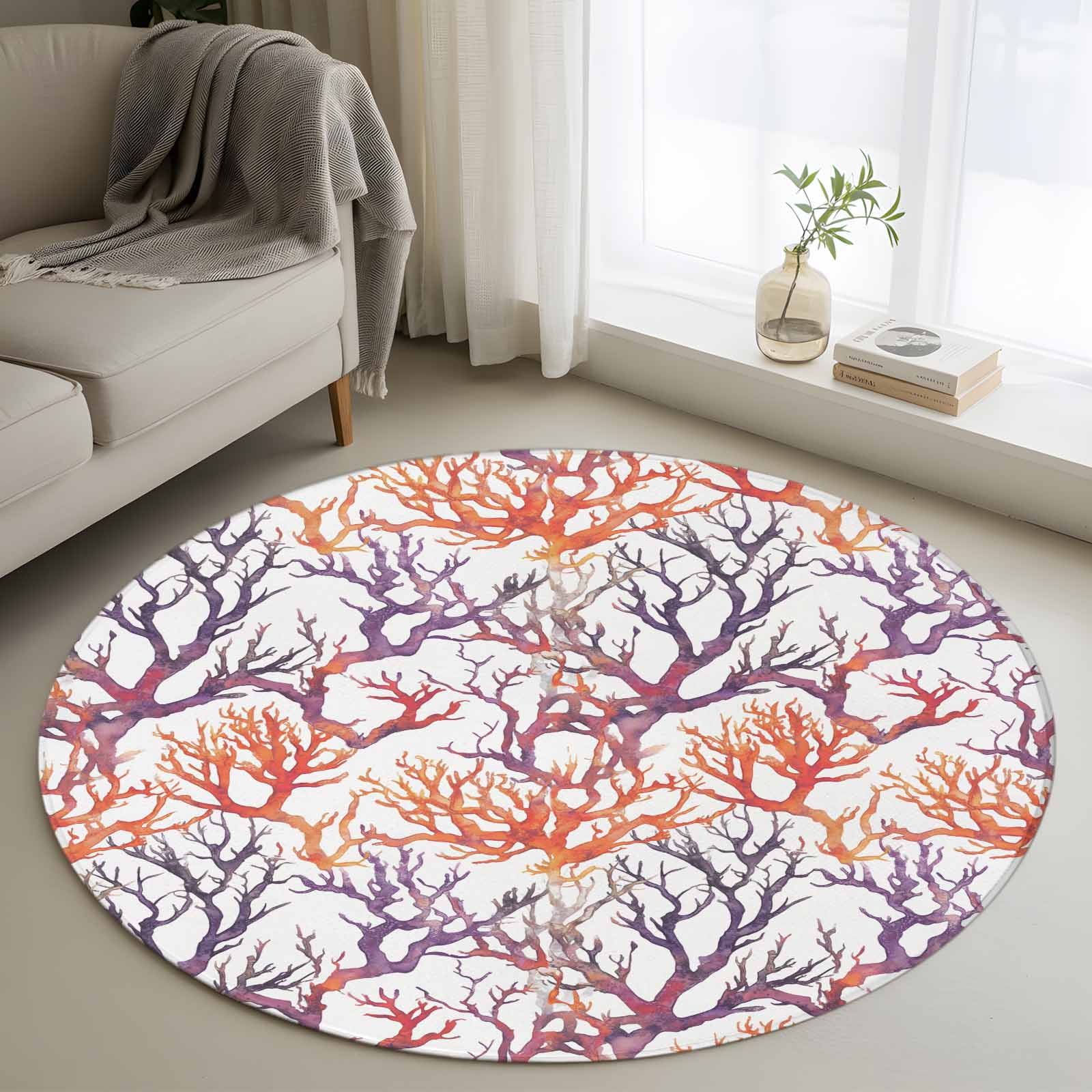 Summer Ocean Round Living Room Rugs 4 ft Coral Red Purple Watercolor Style Coastal Washable Area Rug with Non-Slip Sturdy Edge Binding Round Carpet for Entryway Kitchen Bedroom Bathroom