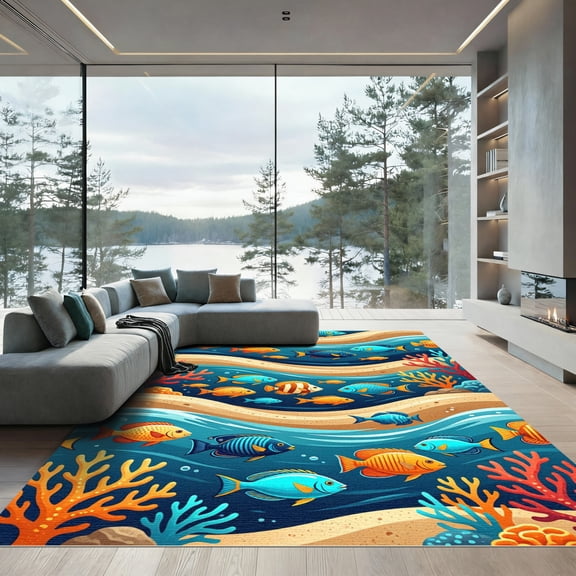 ODIKA 4' x 6' Machine Washable Non-Slip Area Rug, beachy print High Traffic Rug, Blue, 1155239