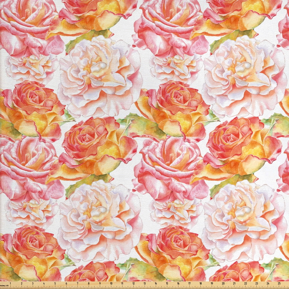 Floral Fabric by The Yard, Artwork of Watercolor Style Blossoming Roses