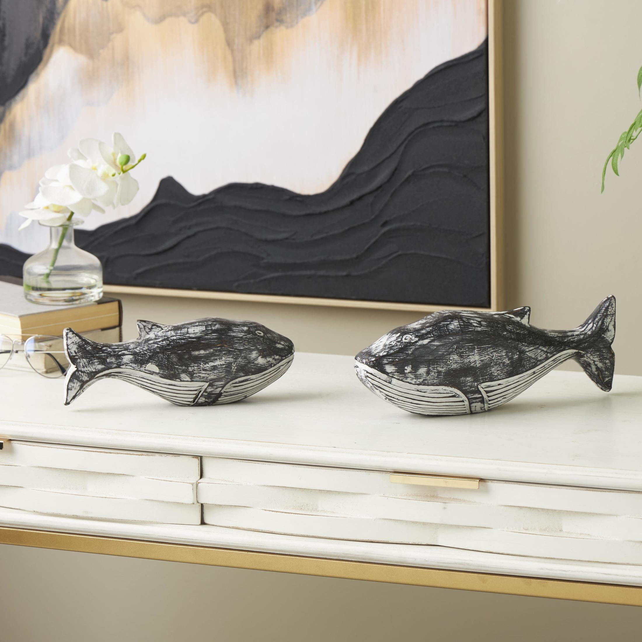 13", 11"W White Wood Distressed Whale Sculpture, by DecMode (2 Count)
