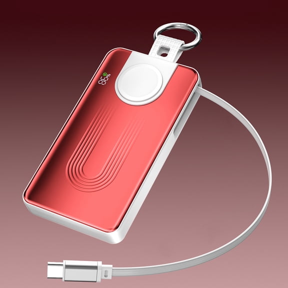 Portable Power Bank for Apple Watch & iPhone, Type-c 10000mAh 20W | Retractable Built in Cable, 20W Fast Charging, LED Display, Travel Design, for Apple Watch, Red