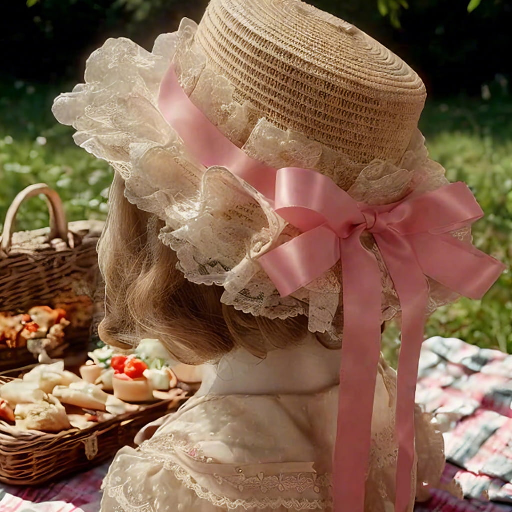 TIERPOP Breathable Straw Bonnet Hat Comfortable Victorian Theme Event Hat With Lace Trim and Bowknot For Cosplay Gatherings