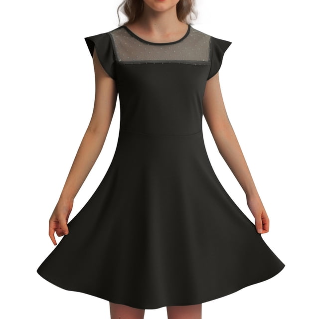 Girls Spring Dresses Kids Child Girls Summer Ruffle Sleeve Mesh A Line Dress Solid Color Casual Dresses with Pockets Kids Dresses Black 6 Years-7 Years