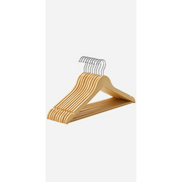SONGMICS Percha de Madera Maciza, Juego de 10, con Ranuras para Hombros, Barra Antideslizante para Pantalones, Gancho Giratorio de 360°, para Trajes, Camisas, Abrigos, Natural y Plata