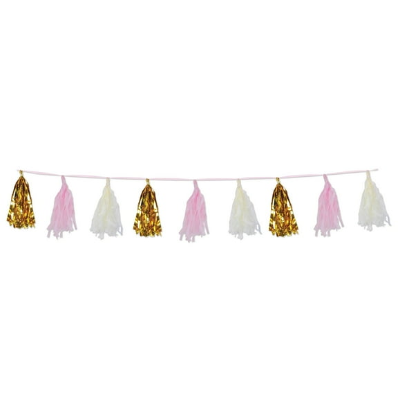 Beistle Club Pack of 12 Decorative Pink, White and Gold Metallic and Tissue Tassel Garland 8’