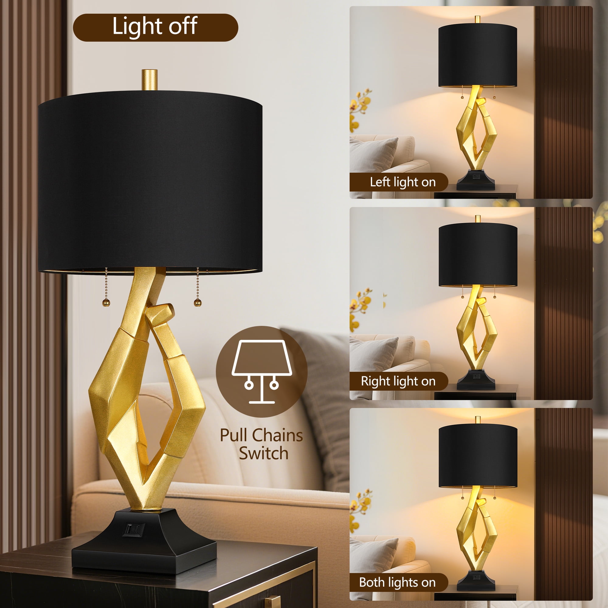 25.5in Gold Nightstand Resin Lamps with Black Shades, Contemporary Table Lamps for Bedside End Tables, 4 Bulbs Included (Gold)
