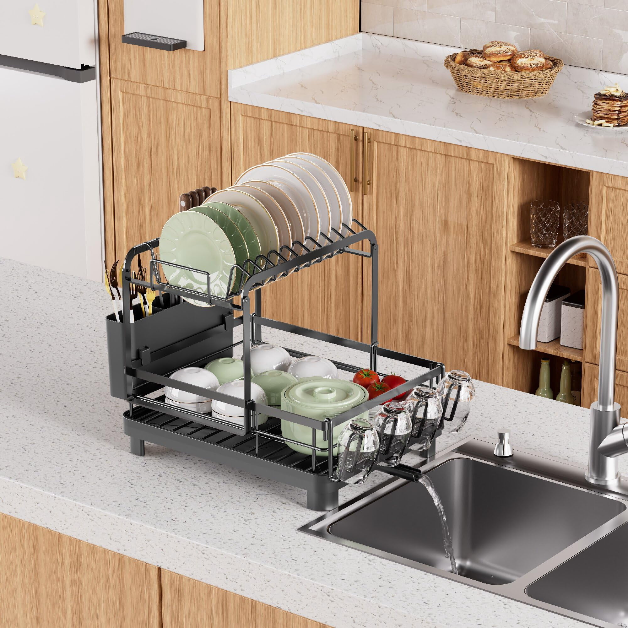 2-tier Dish Drying Rack  Large With Drainboard Set Detachable 4-in-1 Capacity Drainer Over The Sink Anti-rust For Kitchen Counter Black