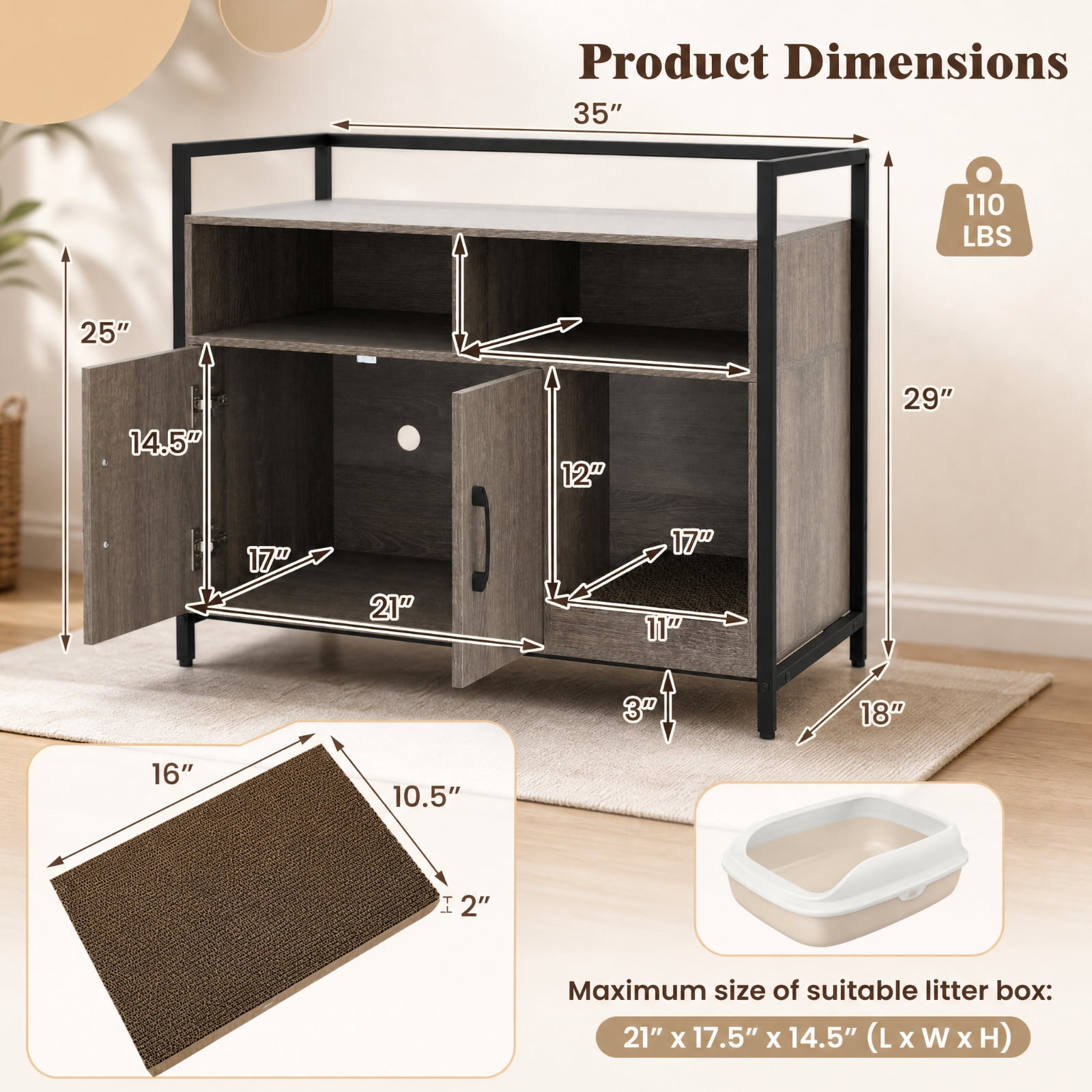 SUGIFT Hidden Cat Litter Box Enclosure, Wooden Cat Washroom Furniture with Double Doors, End Side Table Cat House Cabinet, Oak