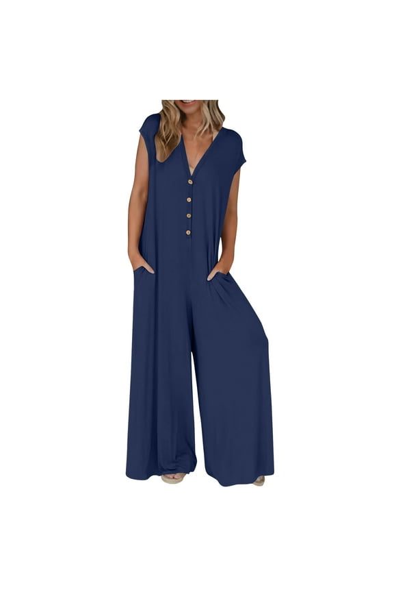 Womens 2025 Summer Cap Sleeve Oversized Jumpsuits Loose Solid Button Down V Neck Wide Leg Pants Romper with Pockets