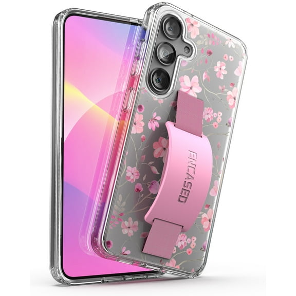 Encased Loop Case Designed for Samsung Galaxy S24 Floral Hand Strap Cover with Grip Phone Holder (Clear/Pink Flowers)