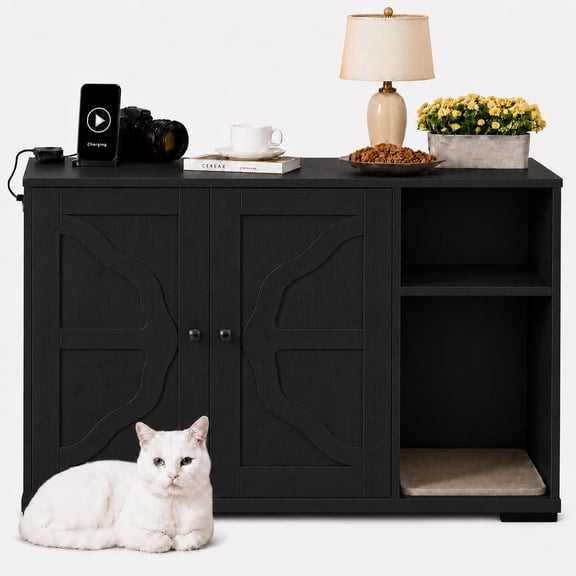 Modern Hidden Cat Litter Box Enclosure Cabinet with Dog-Proof Shelf & Power Outlet – Fits Most Automatic Self-Cleaning Litter Boxes, Side Table for Living Room