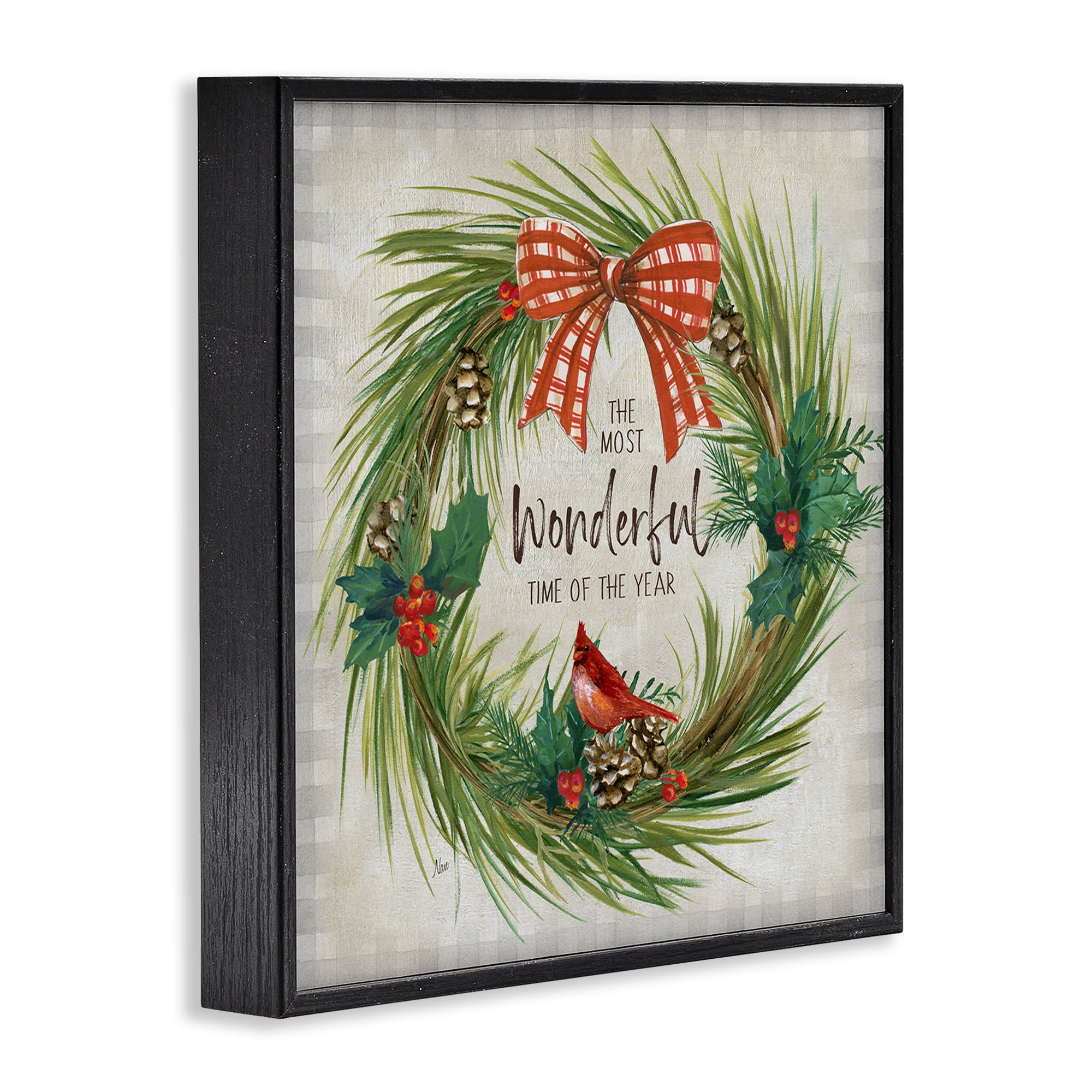 Stupell Industries Most Wonderful Time Wreath Holiday Painting Black Framed Art Prints Wall Art, 12 x 12