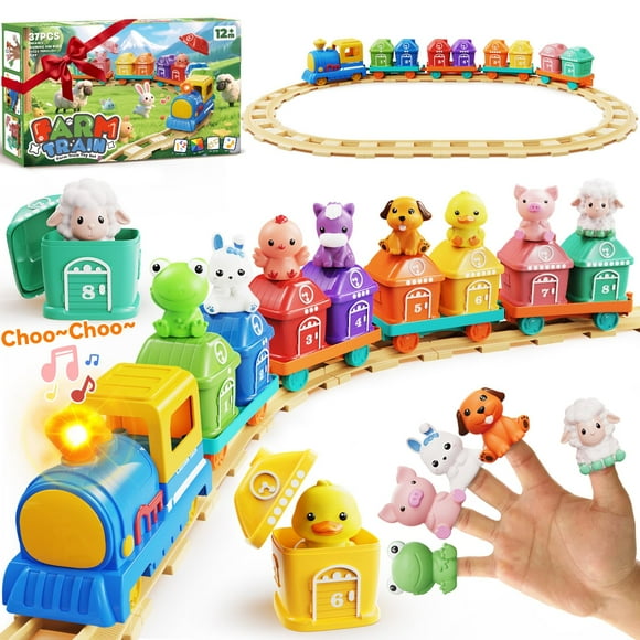 Train Set for Toddlers 2-4, Toddler Toys for 1 2 3 Year Old Boy Girl, Electric Train Set with Music, Light, Tracks, 8 Animals & 8 Barns, L