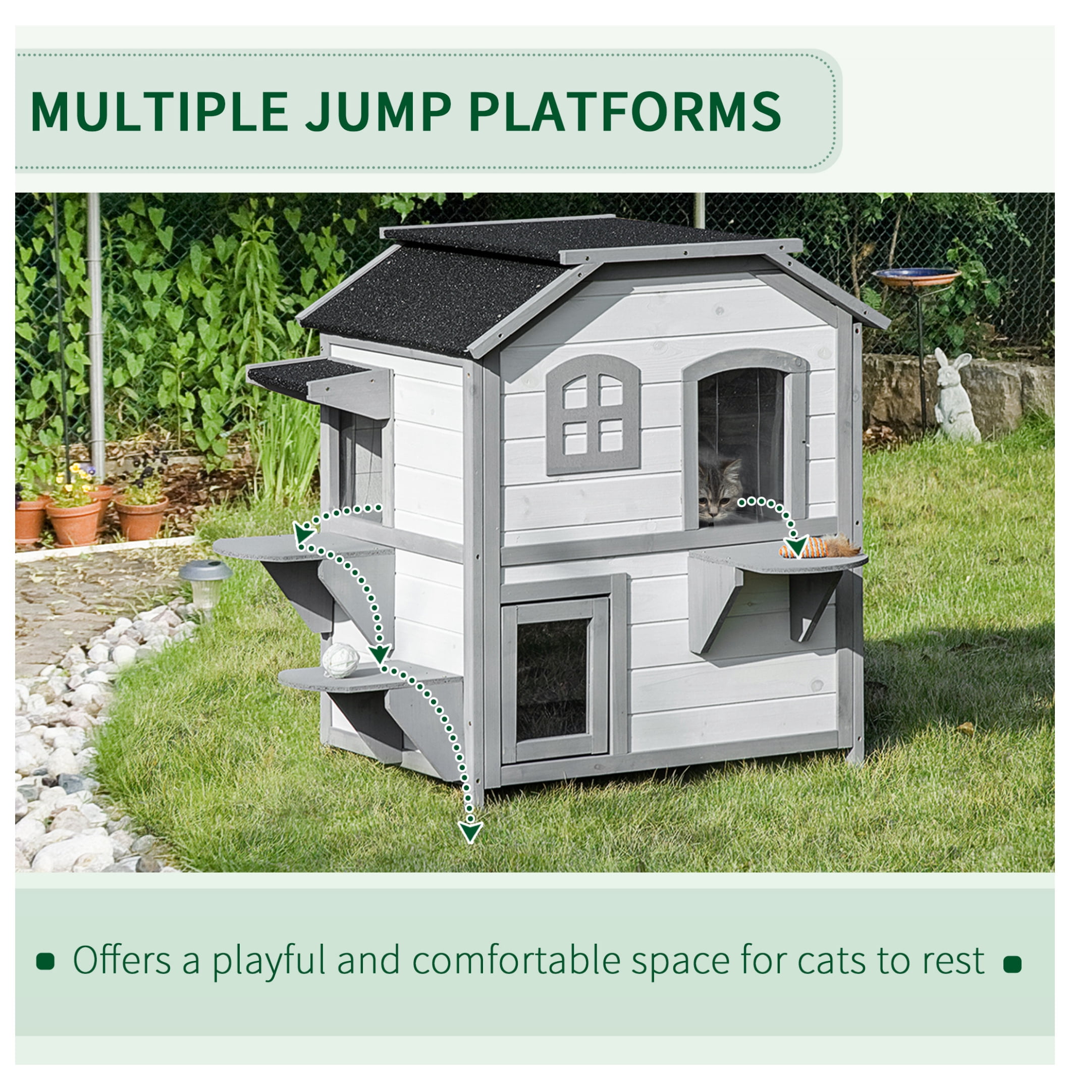 2-story Cat House Outdoor, Weatherproof Wooden Cat Enclosure for Feral Cats with Escape Door, Openable Roof, Jumping Platforms, White