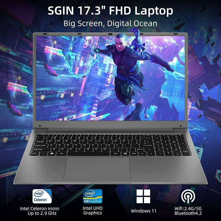  SGIN Computadora portátil Windows 11 de 17 pulgadas, 24 GB de  RAM 512 GB SSD con procesador Intel Celeron Quad Core (hasta 2.9 GHz),  pantalla IPS, mini HDMI, cámara web, Wi-Fi