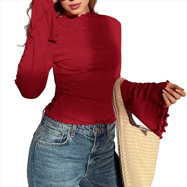 Camiseta de Larga Acampanada con Cuello Alto Y2K para Mujer, Camisa Ajustada con Ribete en Forma de Lechuga Vino Tinto S