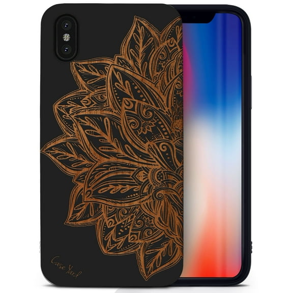 Case Yard Wooden Case for iPhone-X Soft TPU Silicone cover Slim Fit Shockproof Wood Protective Phone Cover for Girls Boys Men and Women Supports Wireless Charging Lotus Flower Design