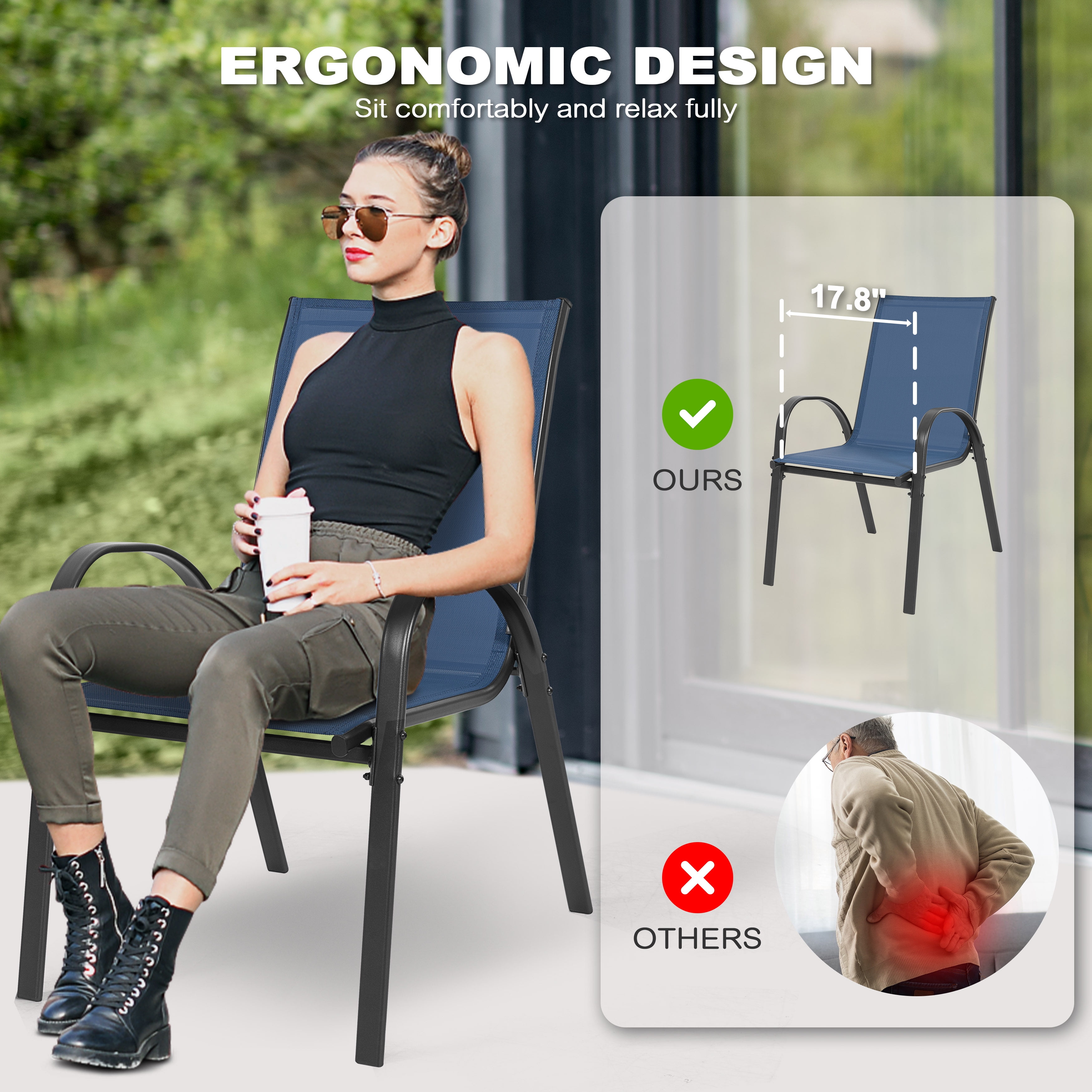Nuu Garden Patio Chairs Set of 4, Outdoor Stackable Dining Chairs for All Weather, Breathable Textilene Outdoor Chair Set with Armrests for Backyard Porch Poolside Garden, Blue and Black