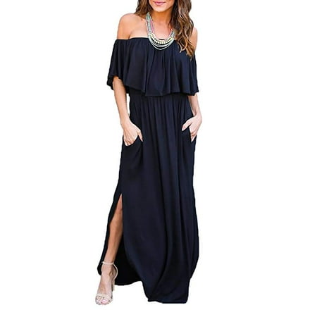 - Womens Off The Shoulder Ruffle Party Dresses Side Split Beach Maxi Dress