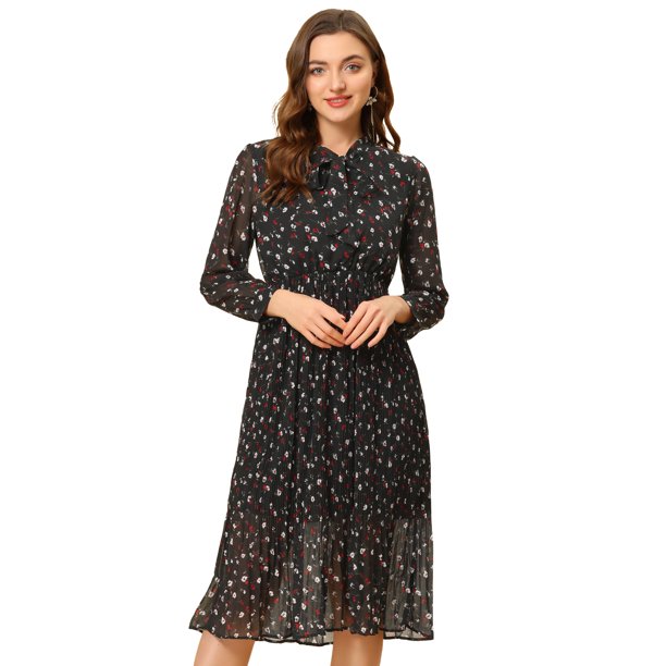 Vestido Maxi De Manga Larga Con Cuello De Lazo Floral Para Mujer Negro S