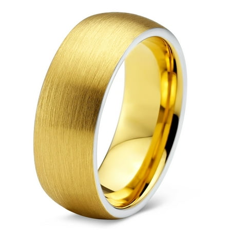 Rounded 8mm Band Tungsten Wedding Band Ring 8mm for Men Women Comfort Fit 18K Yellow Gold Plated Dome Round Brushed Polished Lifetime Guarantee ()