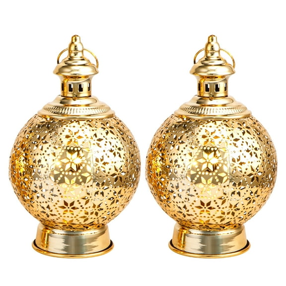 Ramadan Lanterns Set of 2 Gold Electric Candle Holders with Timer