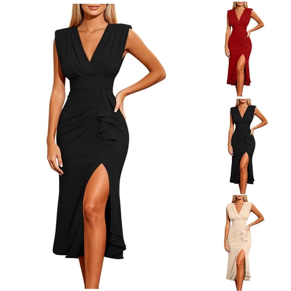 Zpzdpjkx Women Elegant Deep V Neck Sleeveless Midi Bodycon Dress Ruched Waist Ruffle High Split Cocktail Wedding Guest Party Dress with Back Zipper