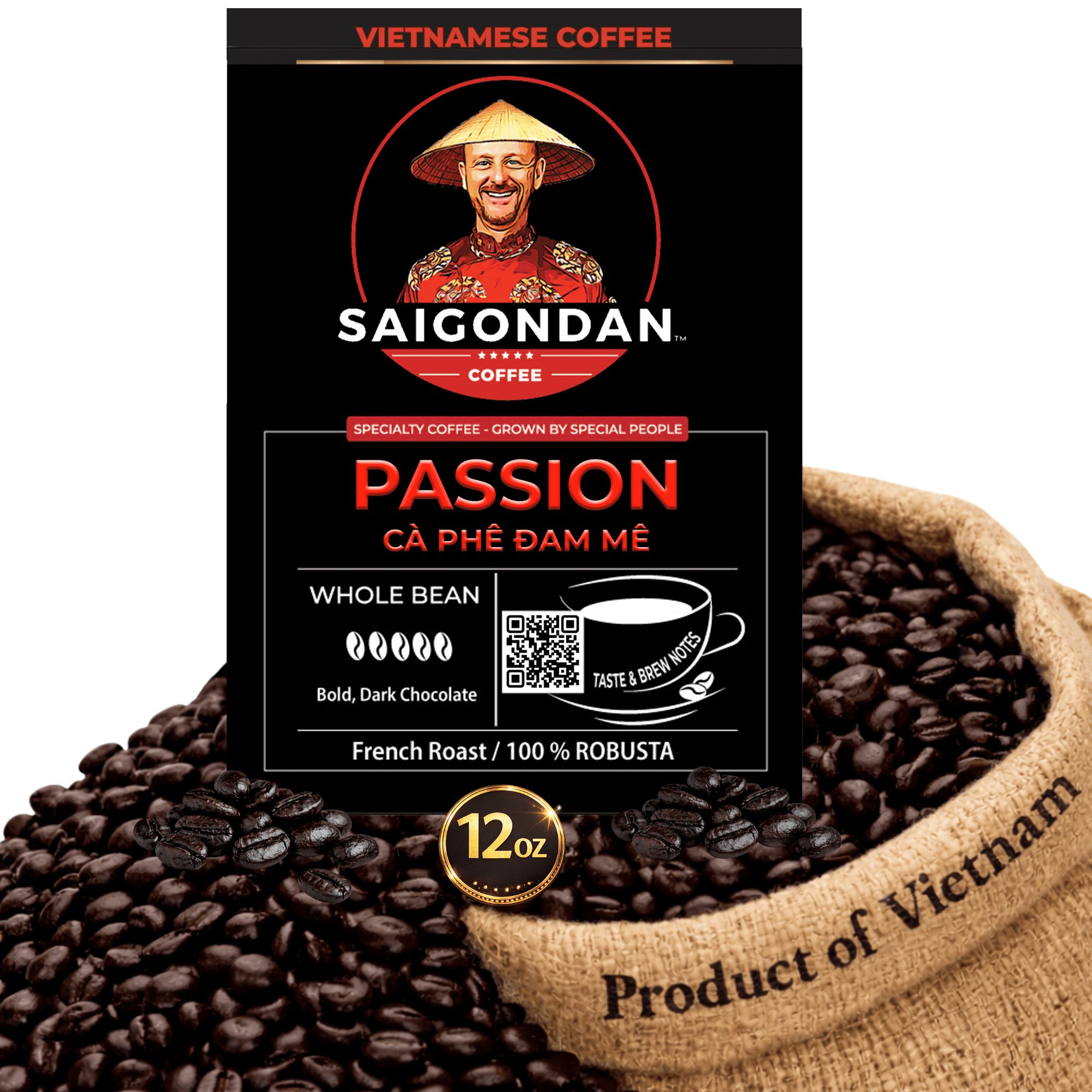 SAIGONDAN Passion Vietnamese Single Origin Robusta Coffee — French Roast Whole Bean, Bold & Rich Flavor, 12 oz