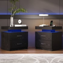 Black Nightstand with Charging Station, Night Stand Set of 2 with LED Lights, Modern End Table Bedside Table with 2 Drawers for Bedroom, Living Room
