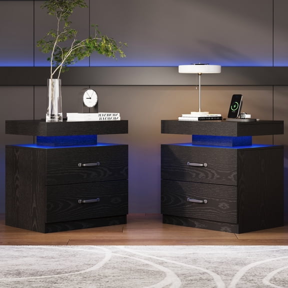 Black Nightstand with Charging Station, Night Stand Set of 2 with LED Lights, Modern End Table Bedside Table with 2 Drawers for Bedroom, Living Room