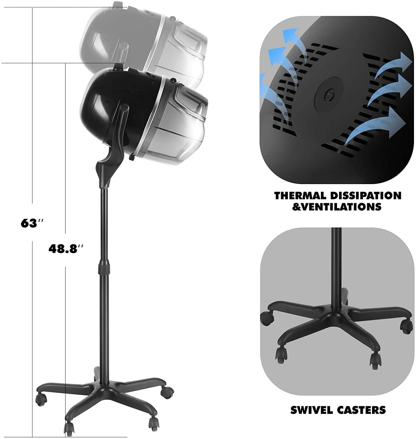 Artist Hand Bonnet Hair Dryer Adjustable Professional Salon Hooded Dryer Stand Up Rolling Base with Timer, Temperature Function