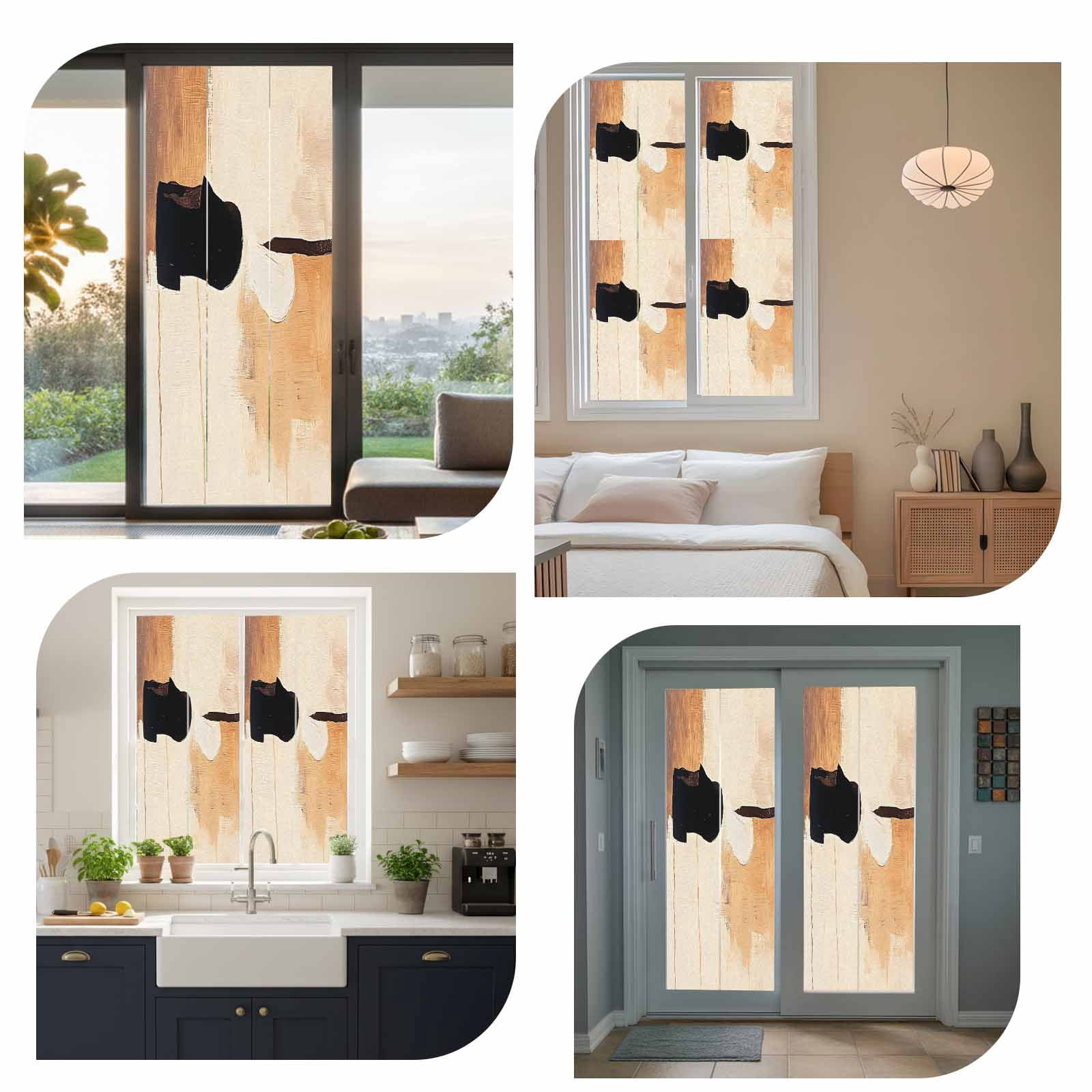 Beige Black Window Privacy Film Abstract Art Mottled Graffiti Color Block Modern Decorative Glass Window Film UV Blocking Static Cling Non-Adhesive Sticker Covering for Home Door 23.6 x 78.7 inches
