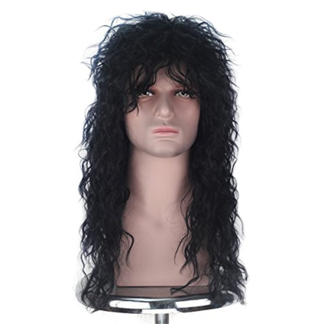 Men's Black Hair Medium Wave Hair Wig  70s 80s Rock Party Costume Wig