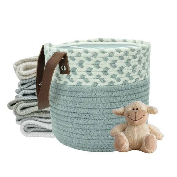 Planterist Cesta Organizadora Chica Tejida – Algodón Lavable, Plegable y Portable – Multiusos 19.5x17.5 cm con Agarradera de Piel para Almacenaje, Decoración y Ropa Sucia (Ajijic)