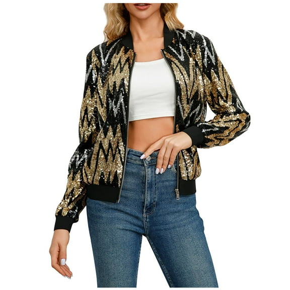 miqiqism Women's Sequin Long Sleeve Jackets Glitter Open Front Zipper Blazer Bomber Jacket Sparkly Coats Fashion Party Striped Spark Round Neck Cardigan,Gold,Small