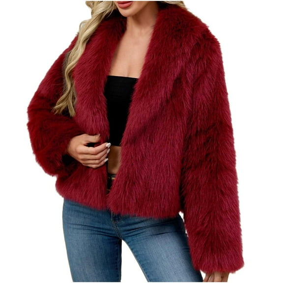 Sexlip Women Luxury Faux Fur Shaggy Corp Coats Fuzzy Jacket Lapel Outerwear for Party Dating Solid and Colorful Available Red M