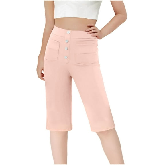 Lenpel Girls' Knee Length Yoga Pants High Waisted Straight Leg Bermuda Lounge Shorts Casual Athletic Shorts with Pockets