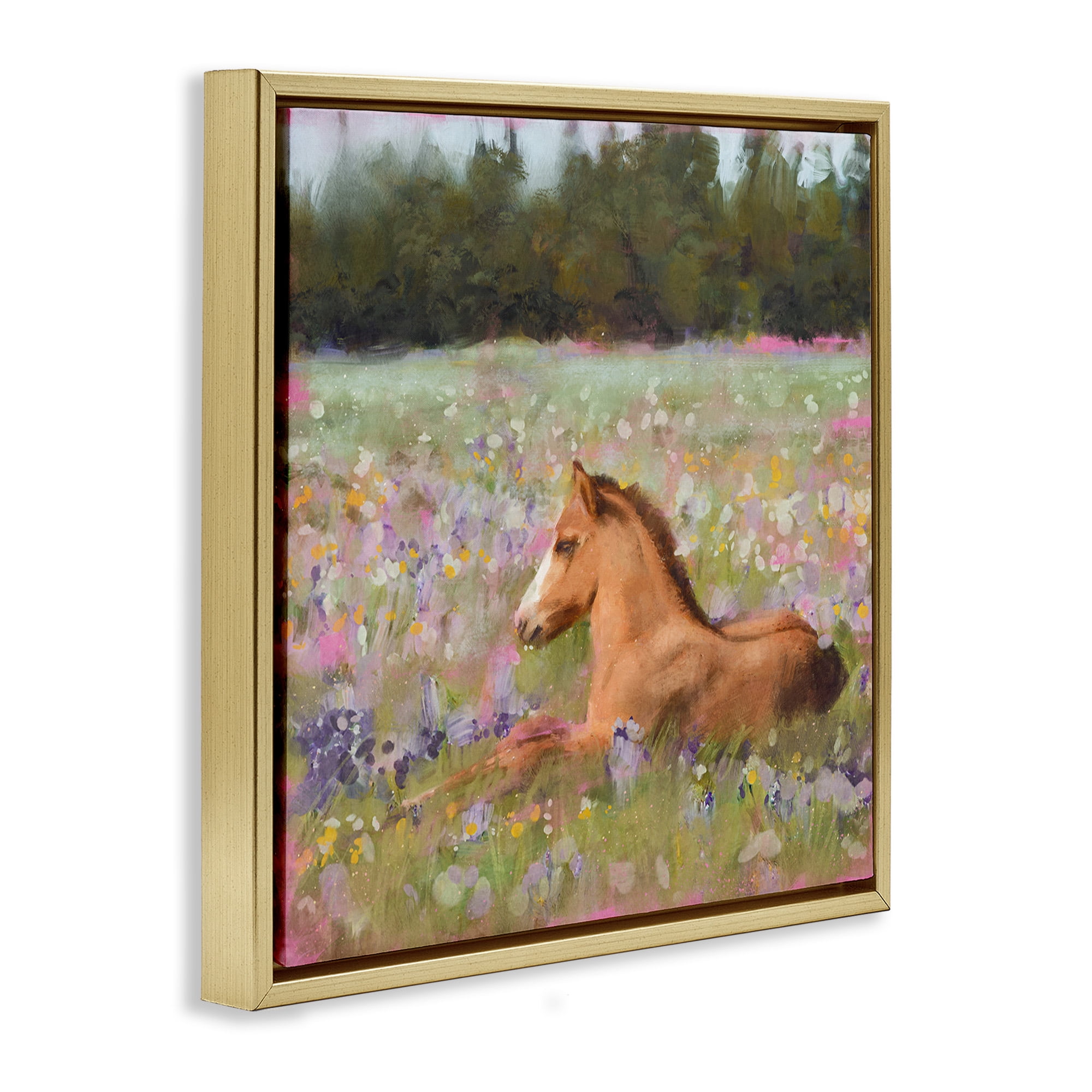 Stupell Industries Foal Horse Lounging Flower Meadow Animals & Insects Painting Gold Floater Framed Canvas Art Print Wall Art, 25 x 25